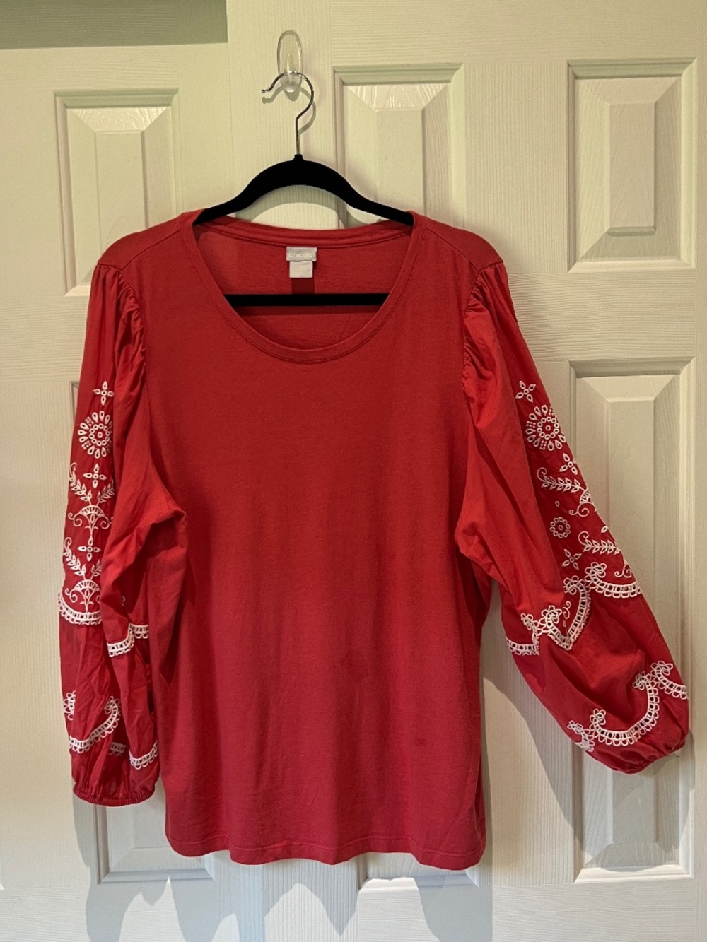 Women's Chico's 3(XL) watermelon jersey poplin embroidery long puff sleeve shirt